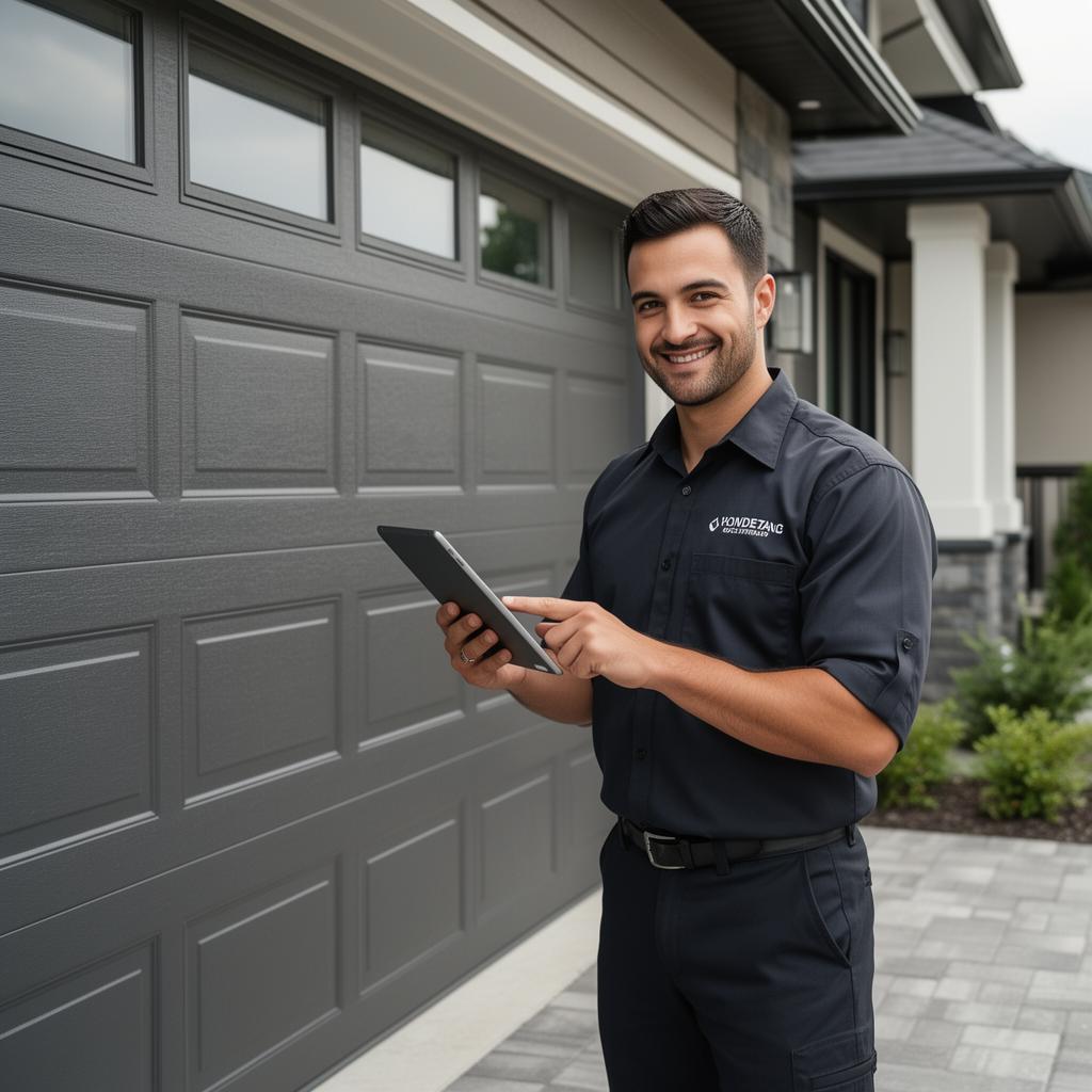 Professional garage door technician with tablet doing digital inspection in Sisters Oregon
