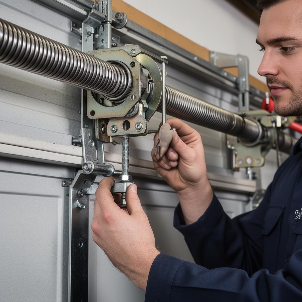 Technician adjusting garage door spring and balance mechanism