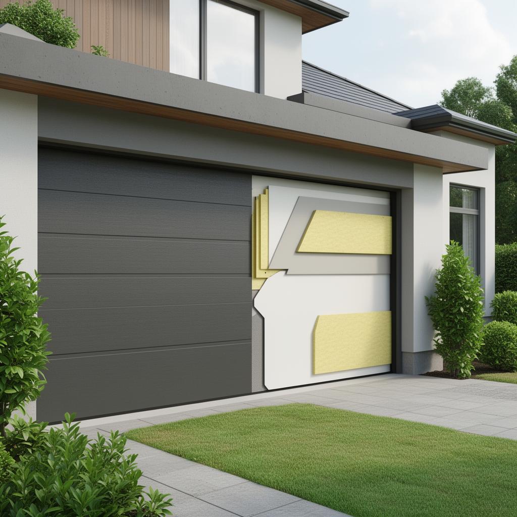Energy efficient insulated garage door with visible insulation layers on modern home
