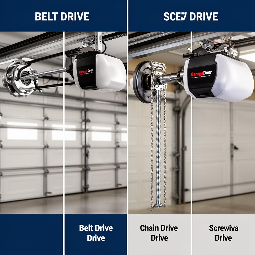 Side by side comparison of different garage door opener types including belt and chain drive
