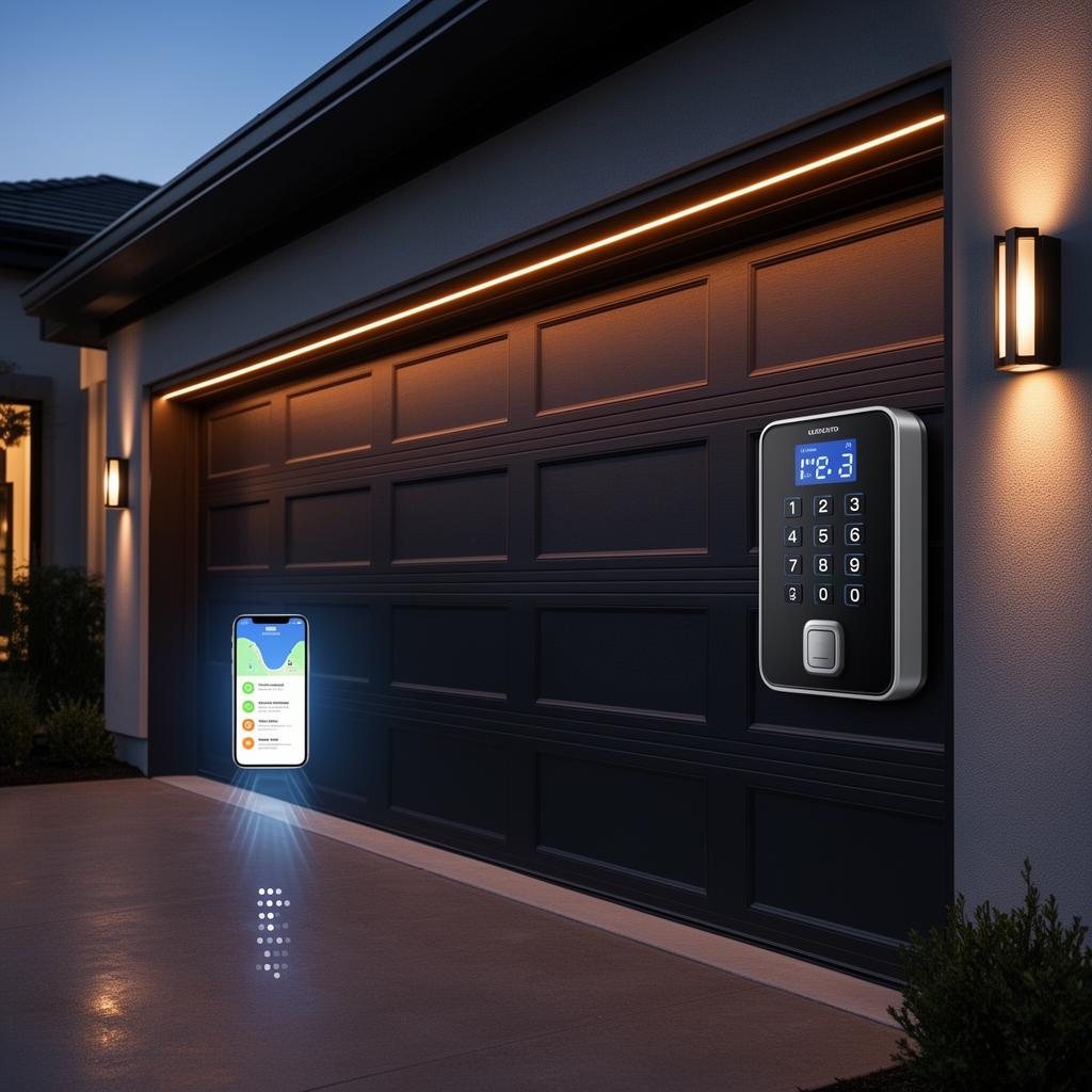 Smart home garage door with digital keypad and smartphone integration at night