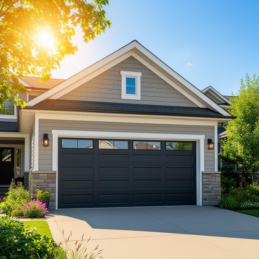 Modern garage door on residential home during bright sunny summer day