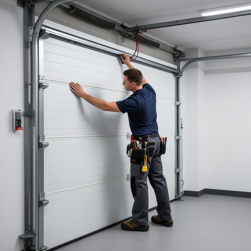 Professional technician installing new garage door panel