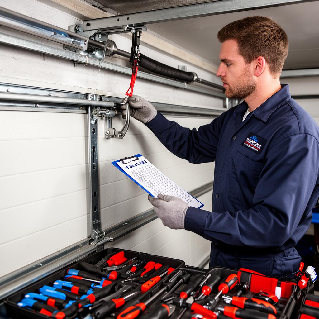 Technician performing routine garage door maintenance inspection