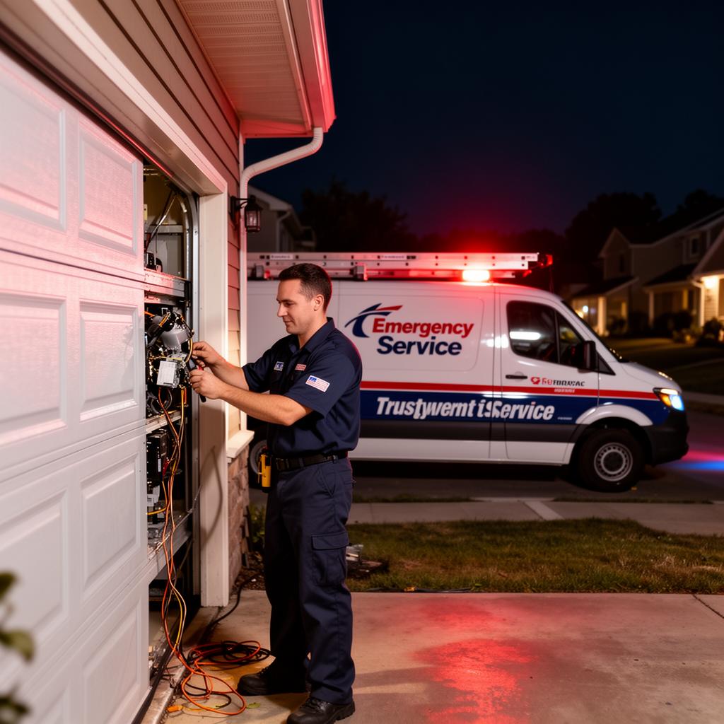 Emergency garage door repair technician working at night